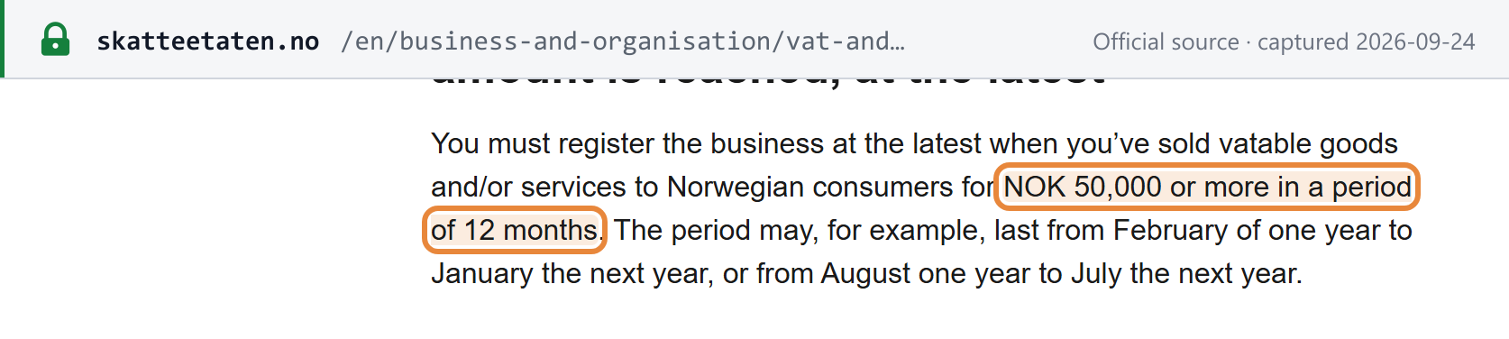 Source snapshot — Skatteetaten: register for VOEC at the latest on NOK 50,000 or more of sales to Norwegian consumers in a period of 12 months