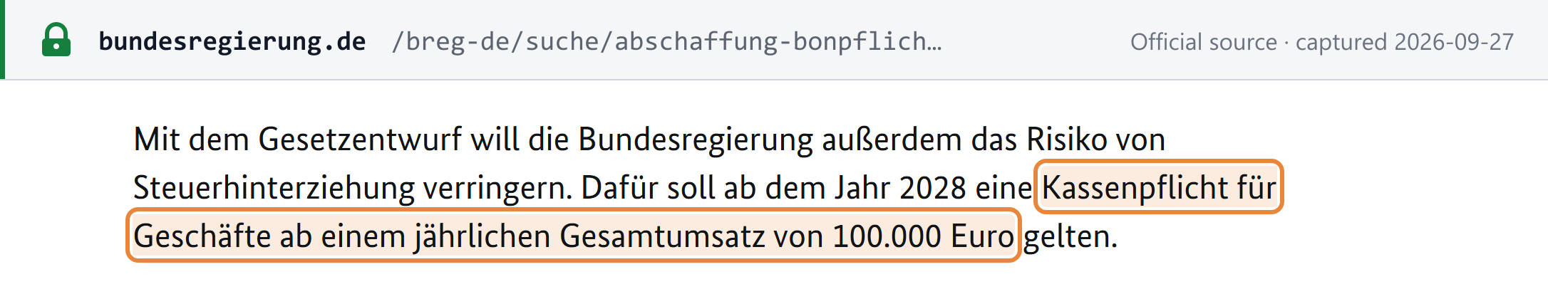 Source snapshot — Bundesregierung: under the government bill, a register duty would apply from 2028 for businesses with total annual turnover of EUR 100,000