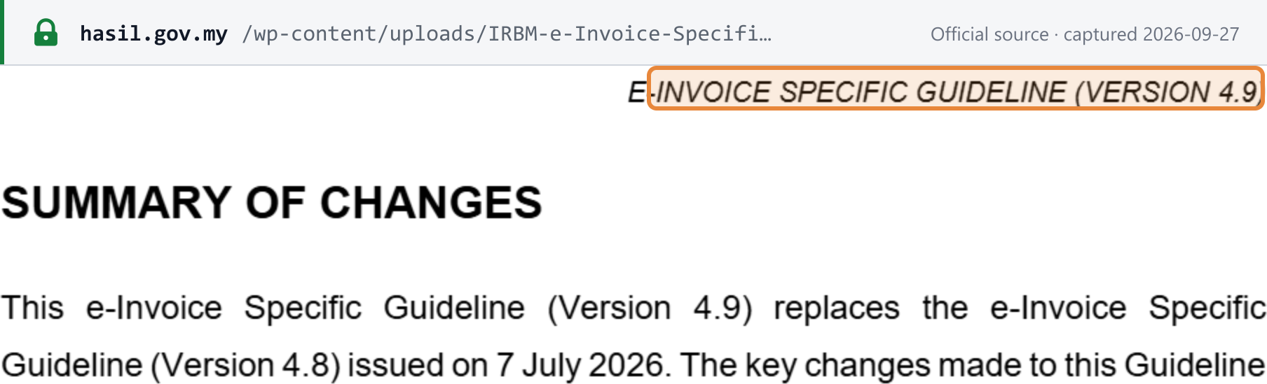 Source snapshot — e-Invoice Specific Guideline v4.9 summary of changes: version 4.9 replaces the e-Invoice Specific Guideline version 4.8 issued on 7 July 2026