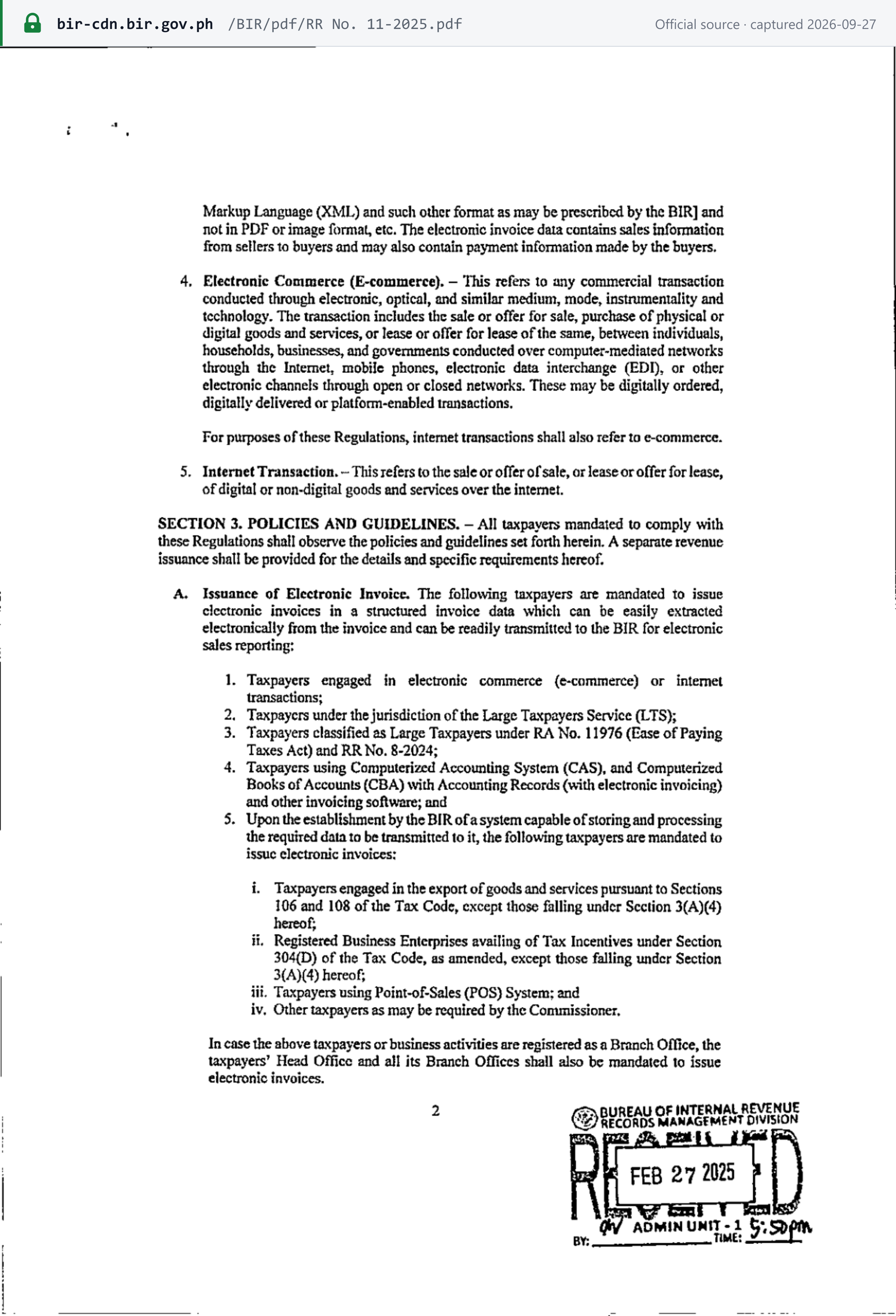 Source snapshot — RR 11-2025 p.2, Section 3.A: the covered taxpayers, the deferred exporters and RBEs "except those falling under Section 3(A)(4)", and the rule that the Head Office and all Branch Offices must issue electronic invoices