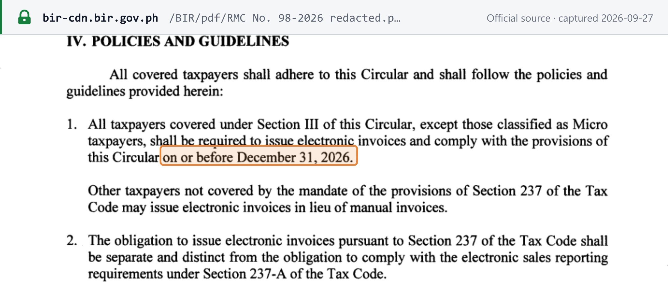 Source snapshot — RMC 98-2026 Section IV.1–2: covered taxpayers other than Micro must issue electronic invoices on or before 31 December 2026; the issuance duty under Section 237 is separate and distinct from the sales reporting duty under Section 237-A