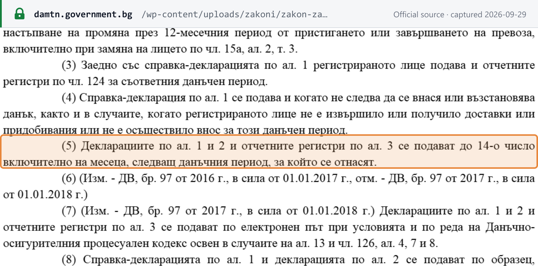 Source snapshot — consolidated VAT Act art. 125(4)–(5): the return is filed even with no activity, and the returns and ledgers are filed by the 14th inclusive of the following month (Ciela consolidation of 9 July 2026, hosted by ДАМТН)