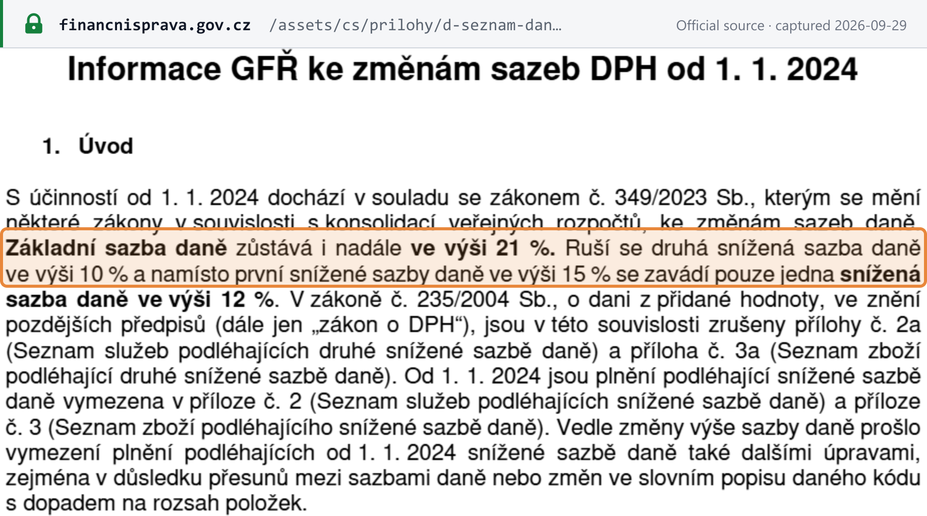 Source snapshot — GFŘ information on the rate changes from 1 January 2024: the standard rate stays at 21%, the second reduced rate of 10% is abolished and the 15% rate is replaced by a single reduced rate of 12%