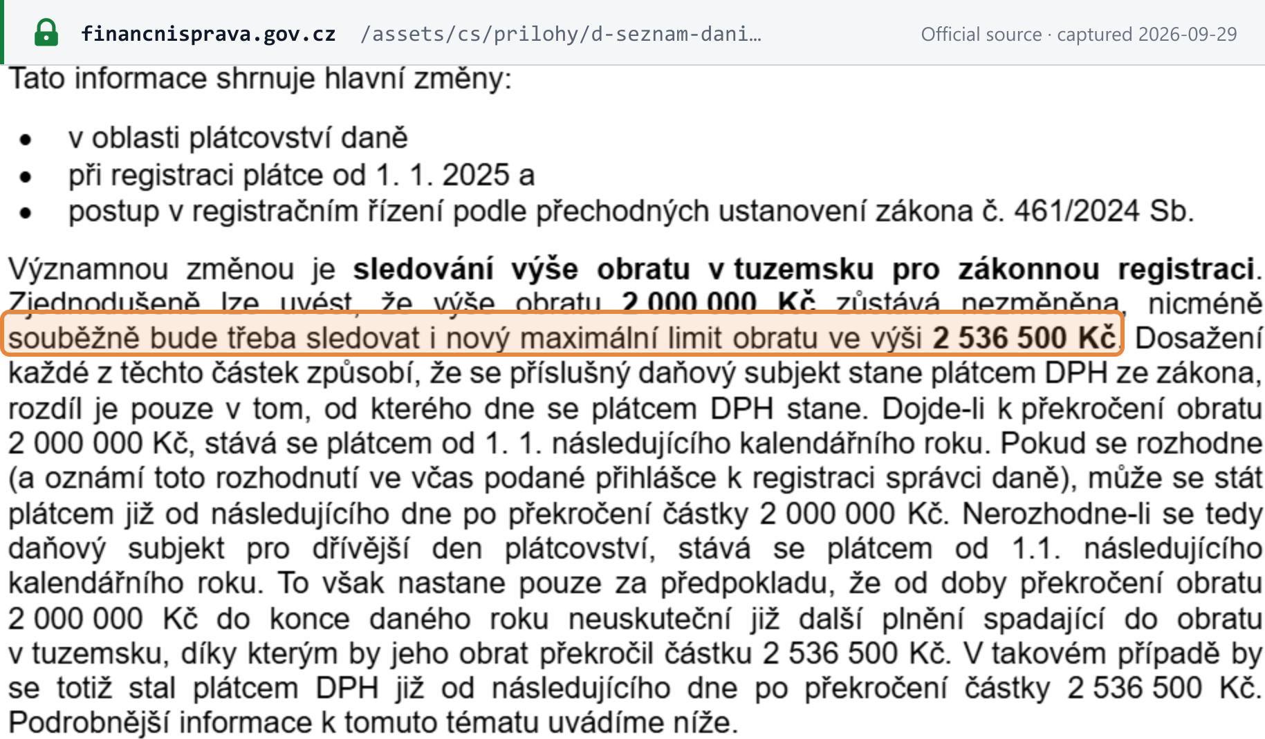 Source snapshot — GFŘ information on the 2025 changes: the CZK 2,000,000 turnover figure is unchanged, a new maximum limit of CZK 2,536,500 applies alongside it, and reaching either makes the business a VAT payer by law