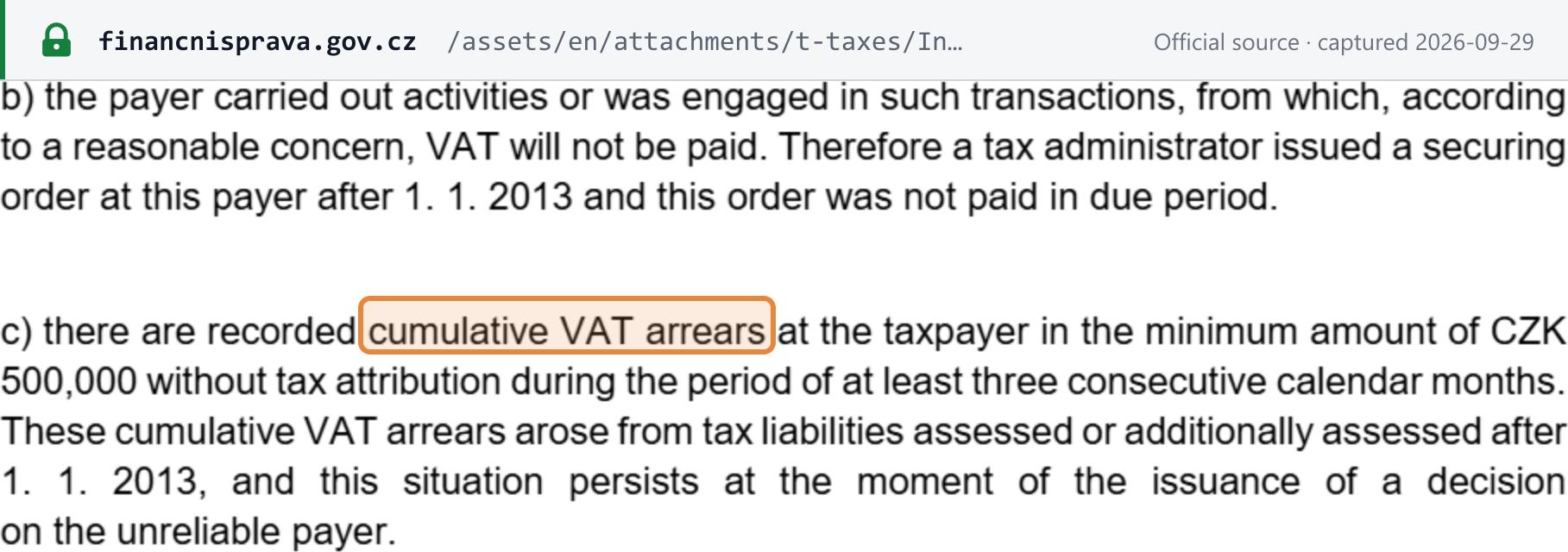 Source snapshot — GFŘ notice on unreliable VAT payers: criterion (c), cumulative VAT arrears of at least CZK 500,000 during at least three consecutive calendar months