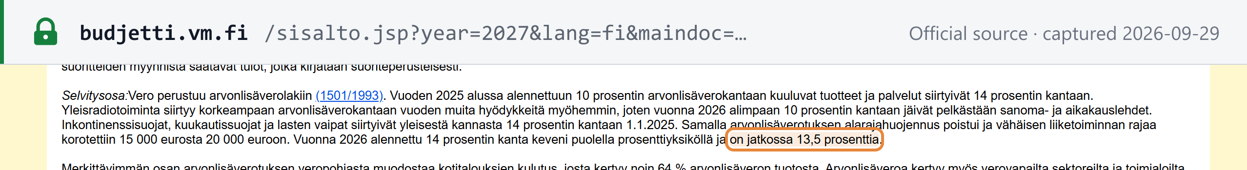 Source snapshot — Finnish Government budget proposal 2027, item 11.04.01 VAT: in 2026 the reduced 14% rate fell by half a percentage point and will henceforth be 13.5%