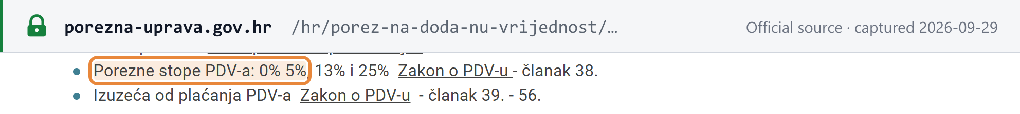 Source snapshot — Porezna uprava: VAT rates 0%, 5%, 13% and 25% (VAT Act Art 38)