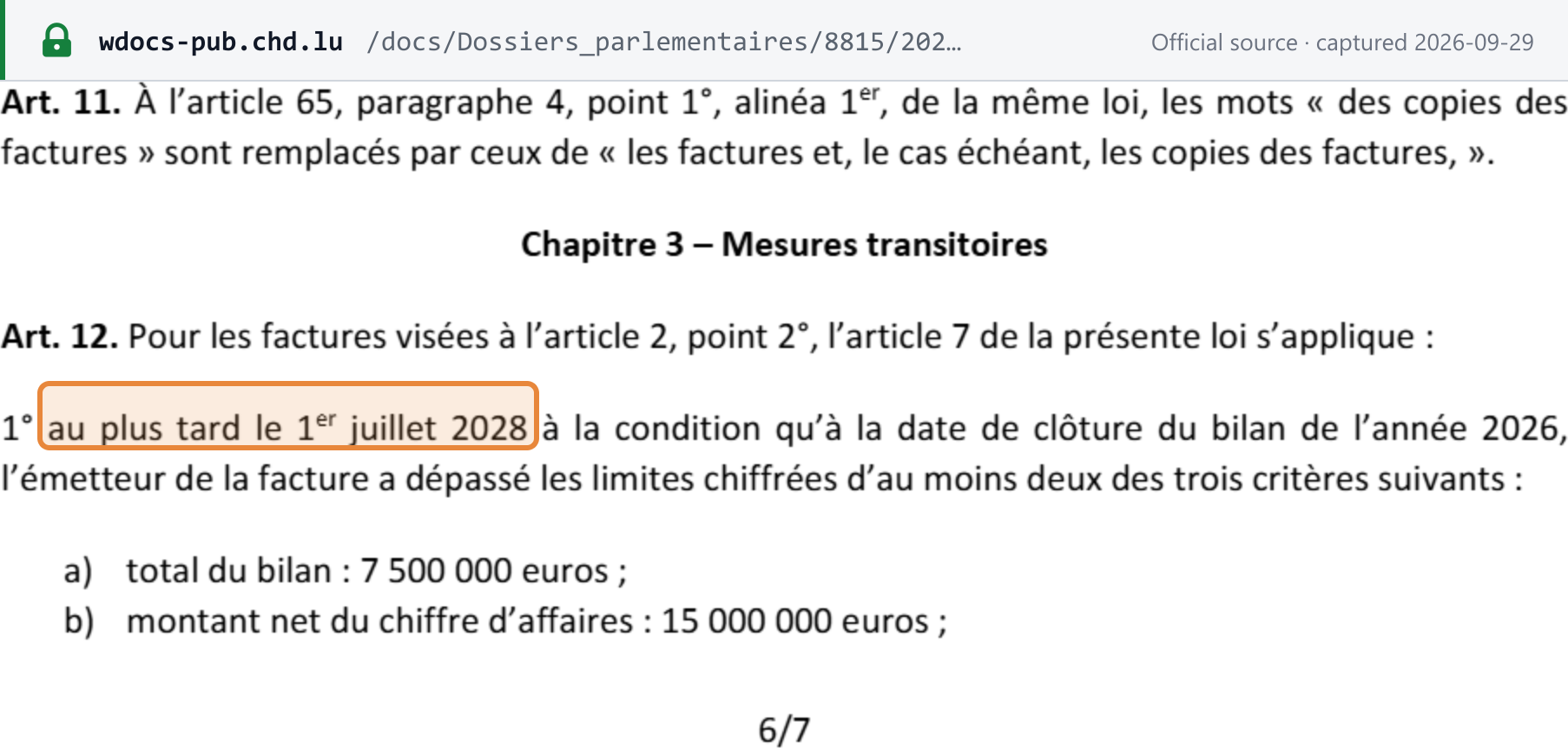 Source snapshot — Projet de loi n° 8815, art. 12, 1°: the issuing obligation applies by 1 July 2028 to issuers that exceeded at least two of three limits at the 2026 balance-sheet date, starting with balance-sheet total EUR 7,500,000 and net turnover EUR 15,000,000
