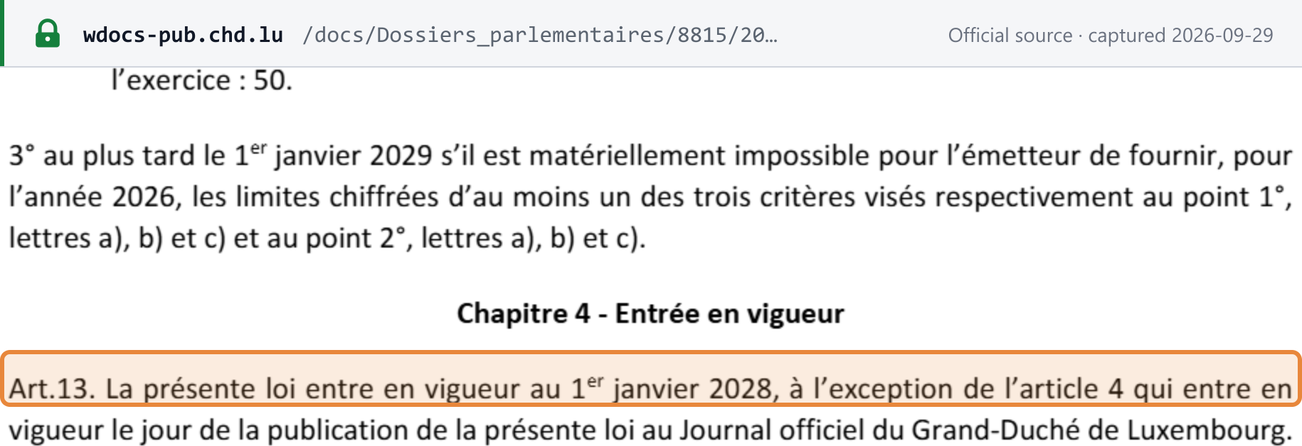 Source snapshot — Projet de loi n° 8815, art. 13: the law would enter into force on 1 January 2028, except art. 4, which takes effect on publication