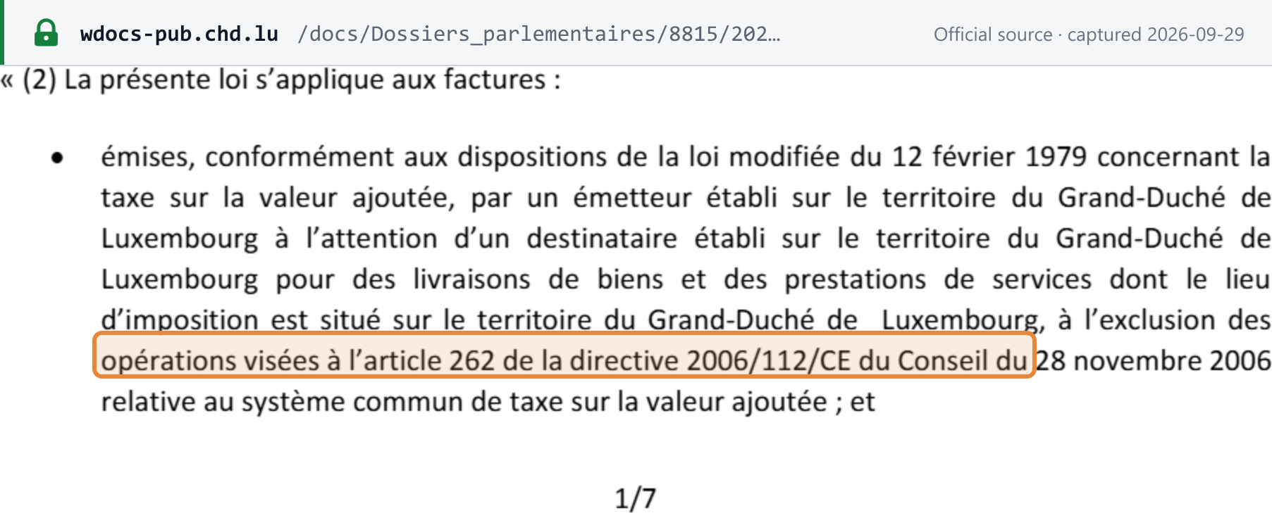 Source snapshot — Projet de loi n° 8815, art. 2: the new scope covers invoices from an issuer established in Luxembourg to a recipient established in Luxembourg, for supplies taxable in Luxembourg, excluding transactions under art. 262 of Directive 2006/112/EC