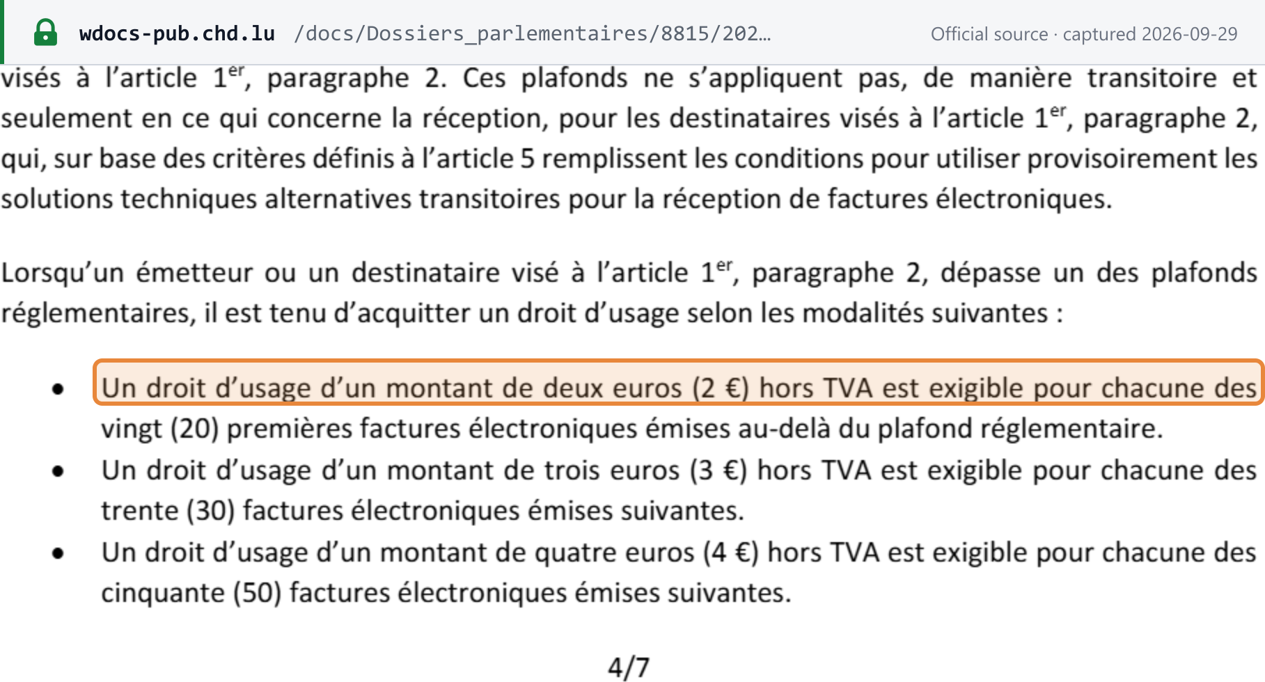 Source snapshot — Projet de loi n° 8815, art. 8: usage fee of EUR 2 excluding VAT for each of the first twenty e-invoices above the regulatory ceiling, EUR 3 for the next thirty and EUR 4 for the next fifty (the EUR 5 tier follows on the next page)