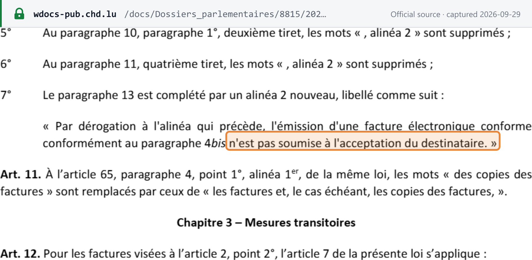 Source snapshot — Projet de loi n° 8815, art. 10: issuing a compliant e-invoice under the new art. 63(4bis) of the VAT law is not subject to the recipient's acceptance