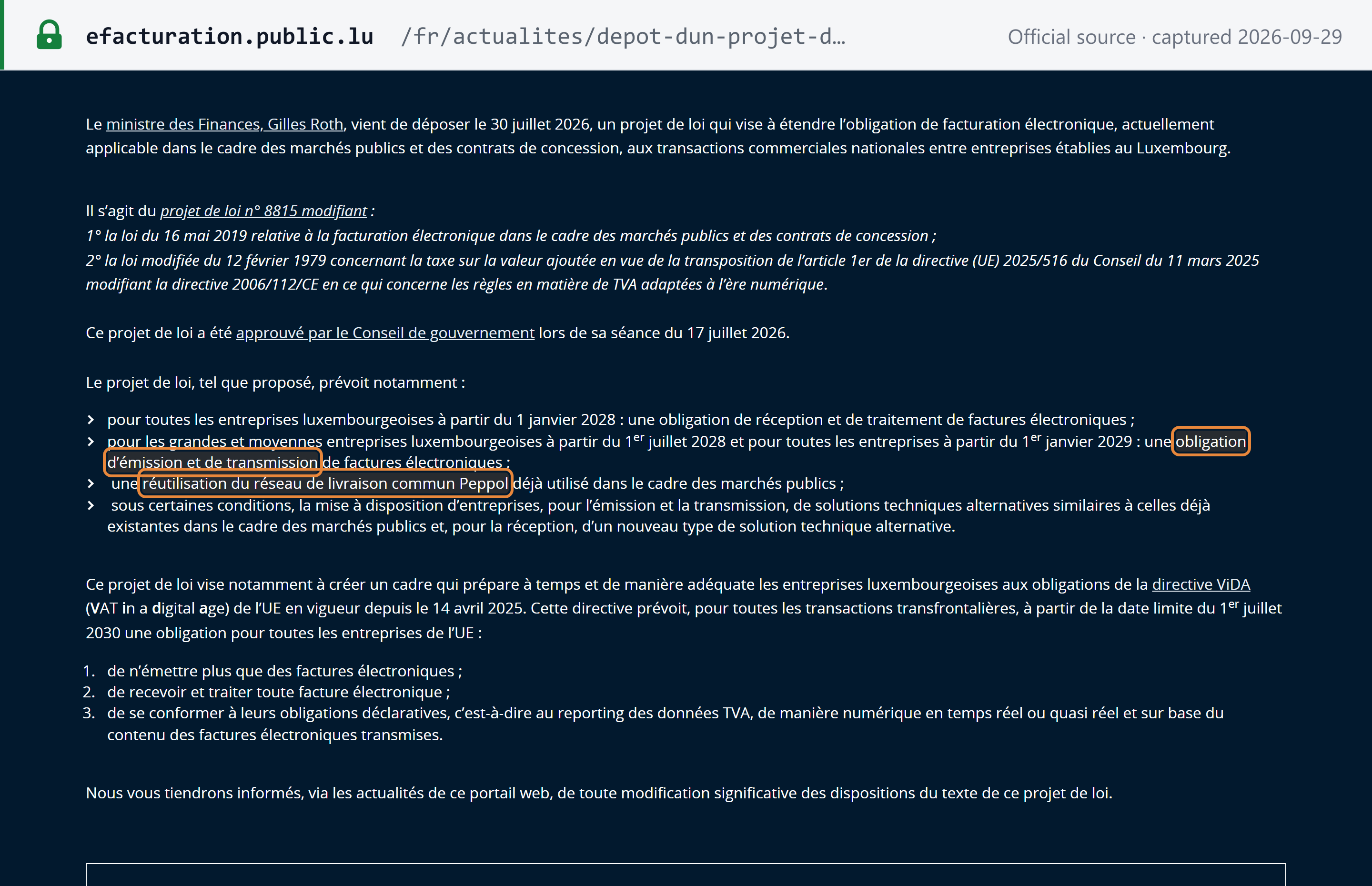 Source snapshot — efacturation.public.lu: bill 8815 as proposed provides receiving for all Luxembourg businesses from 1 January 2028, issuing for large and medium businesses from 1 July 2028 and for all from 1 January 2029, and reuse of the Peppol common delivery network