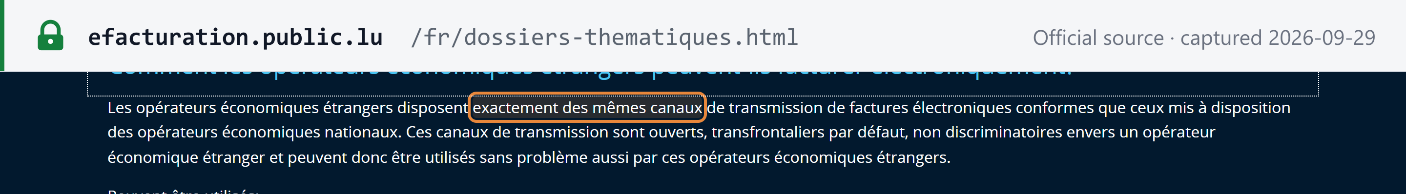 Source snapshot — efacturation.public.lu FAQ: foreign economic operators have exactly the same channels for transmitting compliant e-invoices as national operators