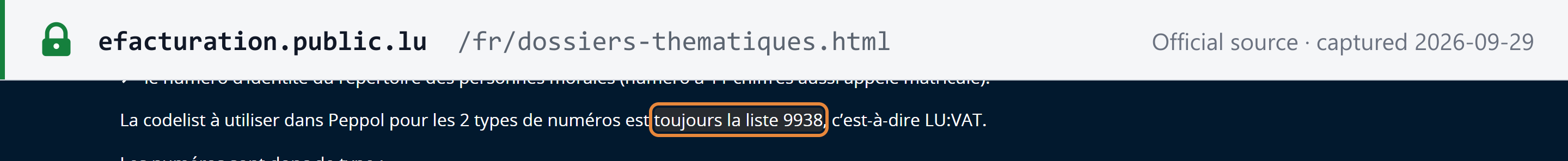 Source snapshot — efacturation.public.lu FAQ: the Peppol code list for both the VAT number and the 11-digit number is always list 9938, LU