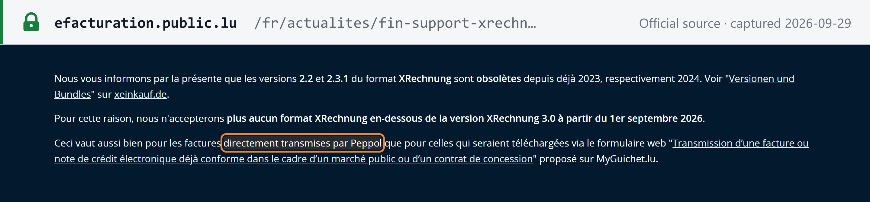 Source snapshot — efacturation.public.lu notice body: XRechnung formats below version 3.0 will no longer be accepted, for invoices sent directly over Peppol and for those uploaded through the web form alike; this body text gives 1 September 2026, while the notice's title gives 1.10.2026