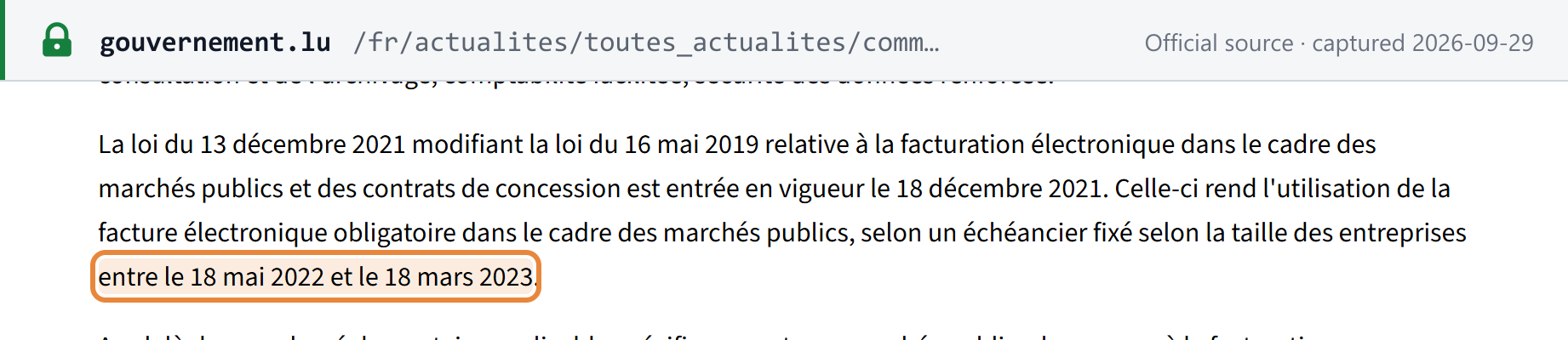 Source snapshot — Government communiqué of 15 March 2022: the law of 13 December 2021 entered into force on 18 December 2021, with a timetable by company size between 18 May 2022 and 18 March 2023