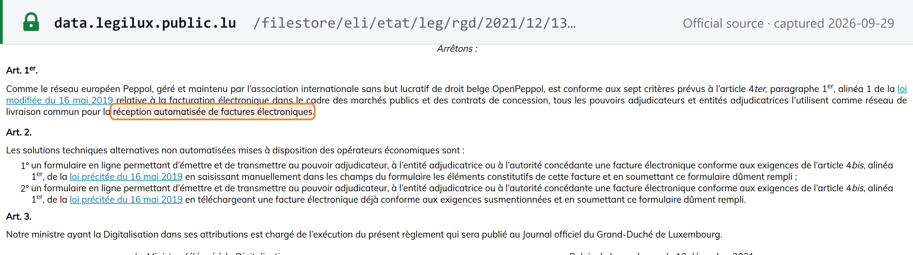 Source snapshot — Grand-ducal regulation of 13 December 2021, arts 1–2: Peppol is the common delivery network for automated receipt of e-invoices, with two online forms as alternatives