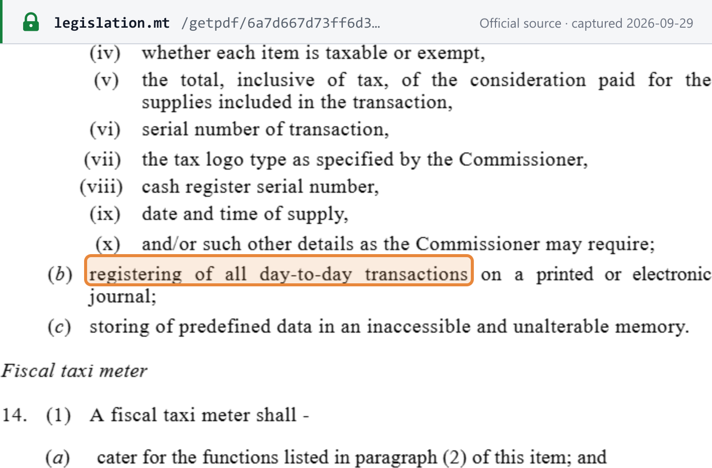 Source snapshot — VAT Act Cap. 406, Thirteenth Schedule item 13(2): itemised-receipt details, registering all day-to-day transactions on a printed or electronic journal, and storing predefined data in an inaccessible and unalterable memory