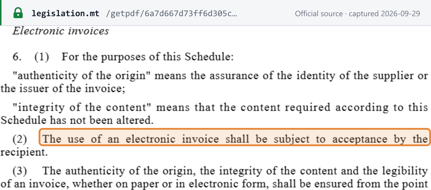 Source snapshot — VAT Act Cap. 406, Twelfth Schedule item 6: definitions of authenticity and integrity; item 6(2) "The use of an electronic invoice shall be subject to acceptance by the recipient"