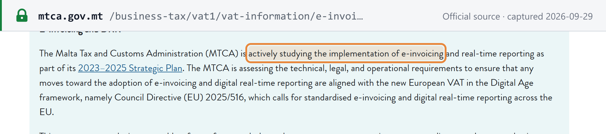 Source snapshot — MTCA's E-Invoicing and DRR page: MTCA "is actively studying the implementation of e-invoicing and real-time reporting" and assessing requirements so that any adoption aligns with Council Directive (EU) 2025/516