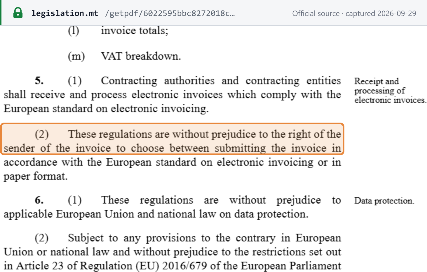 Source snapshot — S.L. 601.10 reg 5: contracting authorities and entities shall receive and process EN 16931 e-invoices; reg 5(2) keeps the sender's right to choose between an EN-standard e-invoice and paper