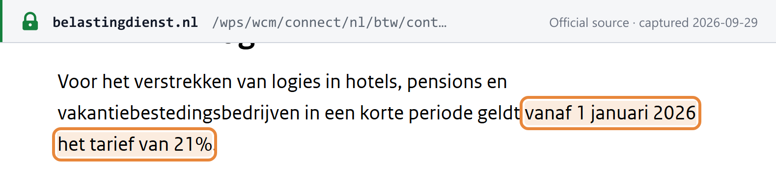 Source snapshot — Belastingdienst: short-stay accommodation in hotels, pensions and holiday businesses is taxed at 21% from 1 January 2026