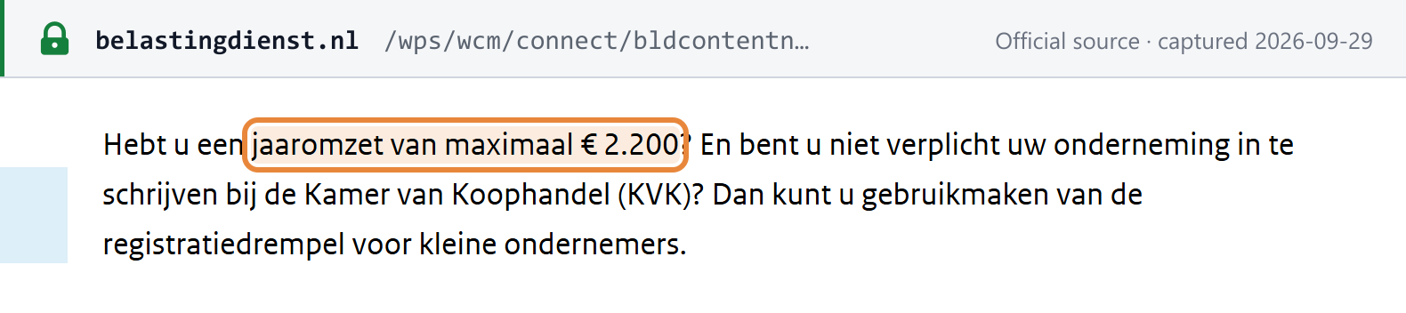 Source snapshot — Belastingdienst: the registration threshold for small businesses applies to annual turnover of at most EUR 2,200 where the business need not enrol with the KVK