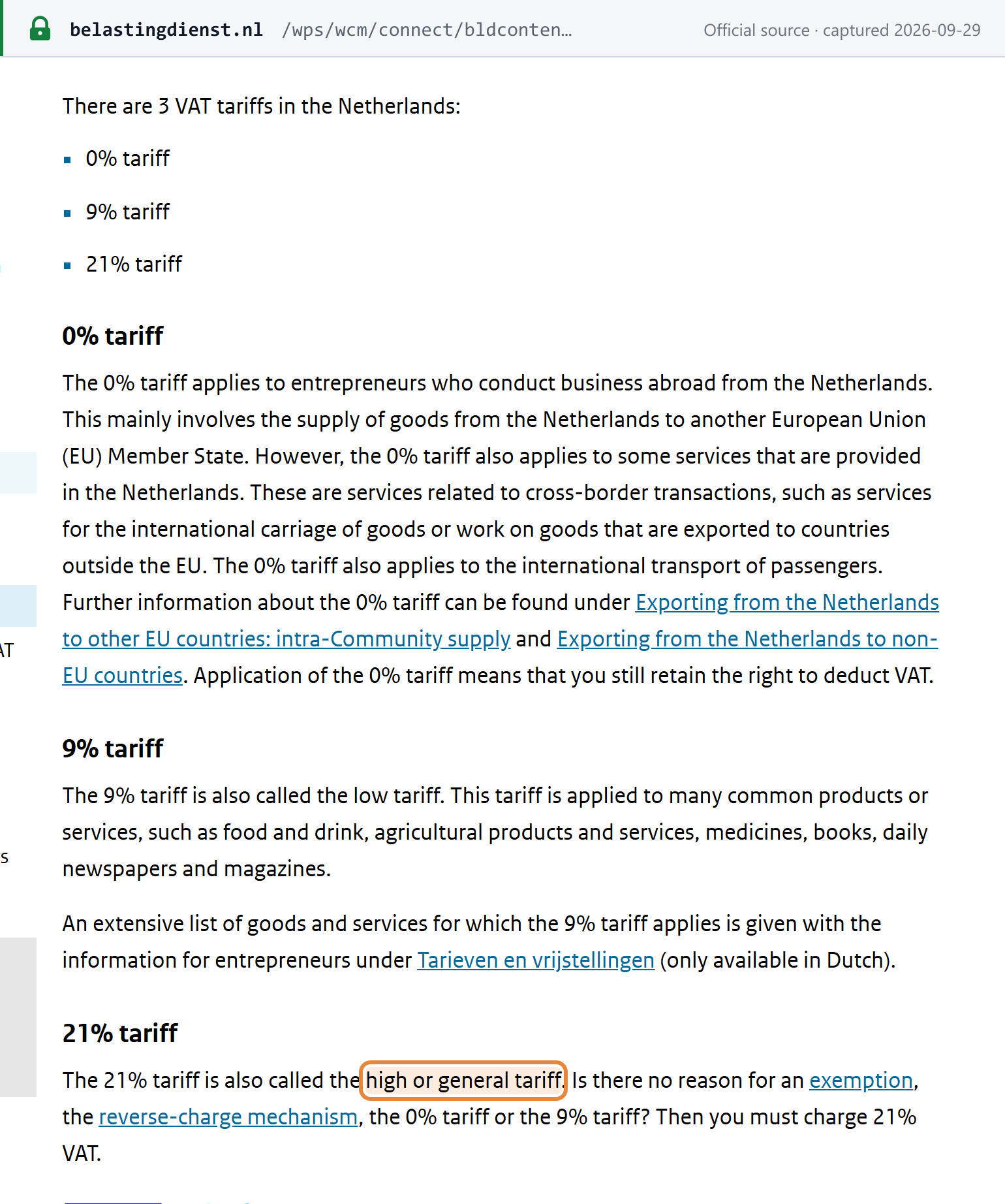 Source snapshot — Belastingdienst (English): three VAT tariffs, 0%, 9% and 21%; the 21% tariff is the high or general tariff, and the 0% tariff keeps the right to deduct VAT