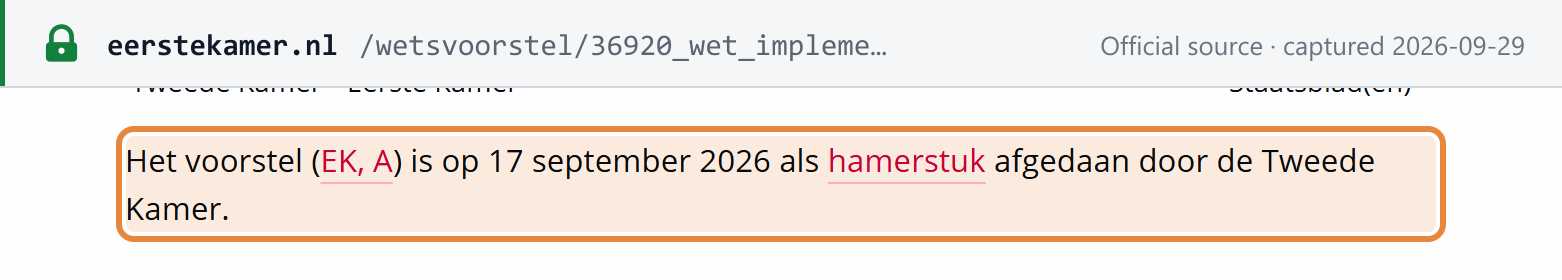 Source snapshot — Eerste Kamer, bill 36 920: passed by the Tweede Kamer as a hamerstuk on 17 September 2026