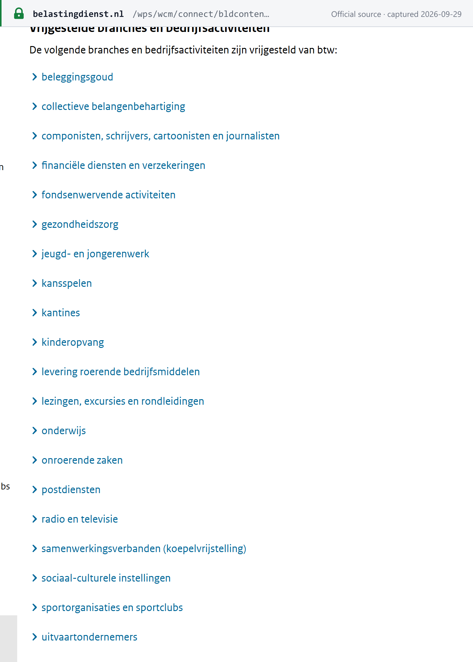 Source snapshot — Belastingdienst: list of VAT-exempt sectors and business activities, from investment gold to funeral services