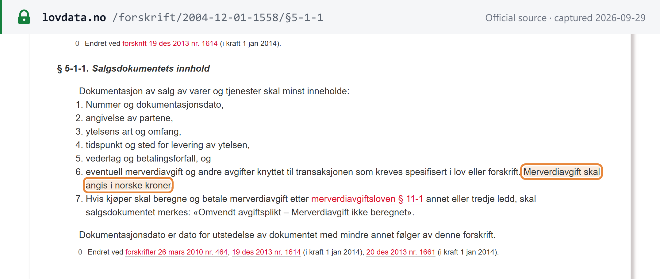 Source snapshot — Bookkeeping Regulation section 5-1-1: the seven mandatory particulars of a sales document; VAT must be stated in Norwegian kroner