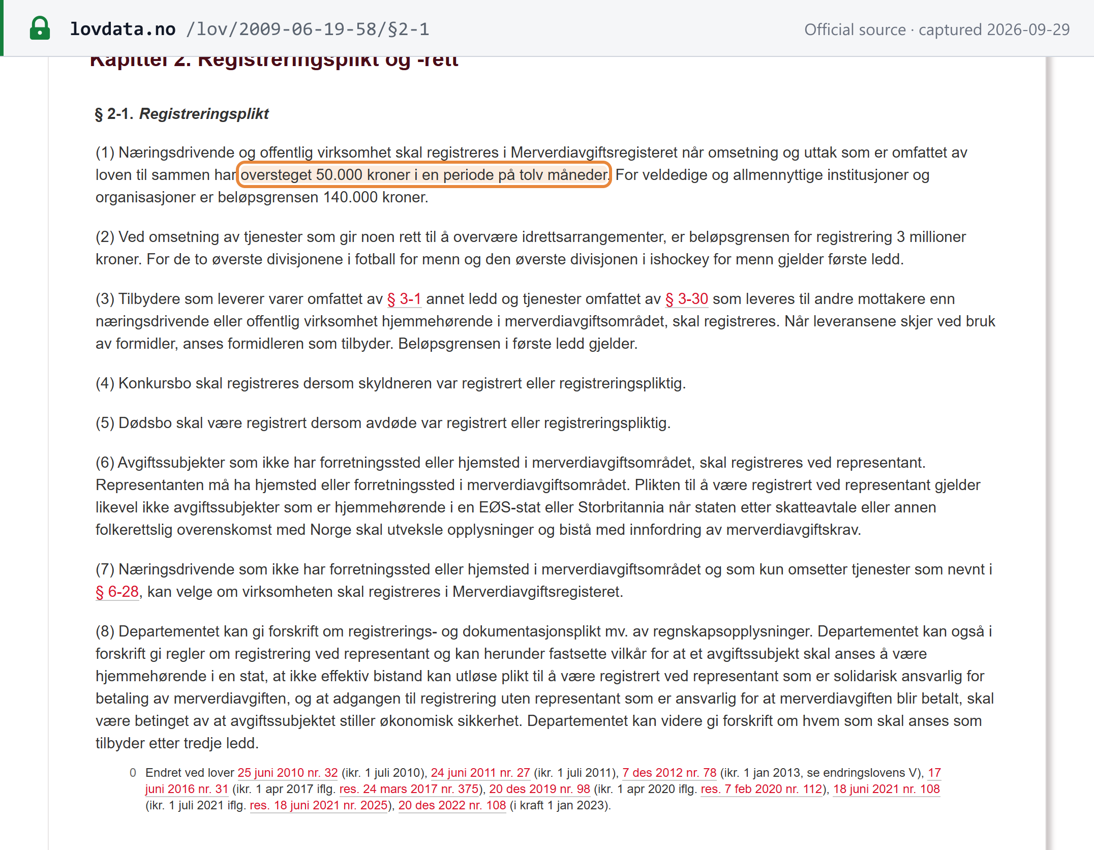 Source snapshot — VAT Act section 2-1: registration once taxable supplies exceed NOK 50,000 in twelve months (NOK 140,000 for charities); intermediaries treated as the supplier; the representative rule and its exception