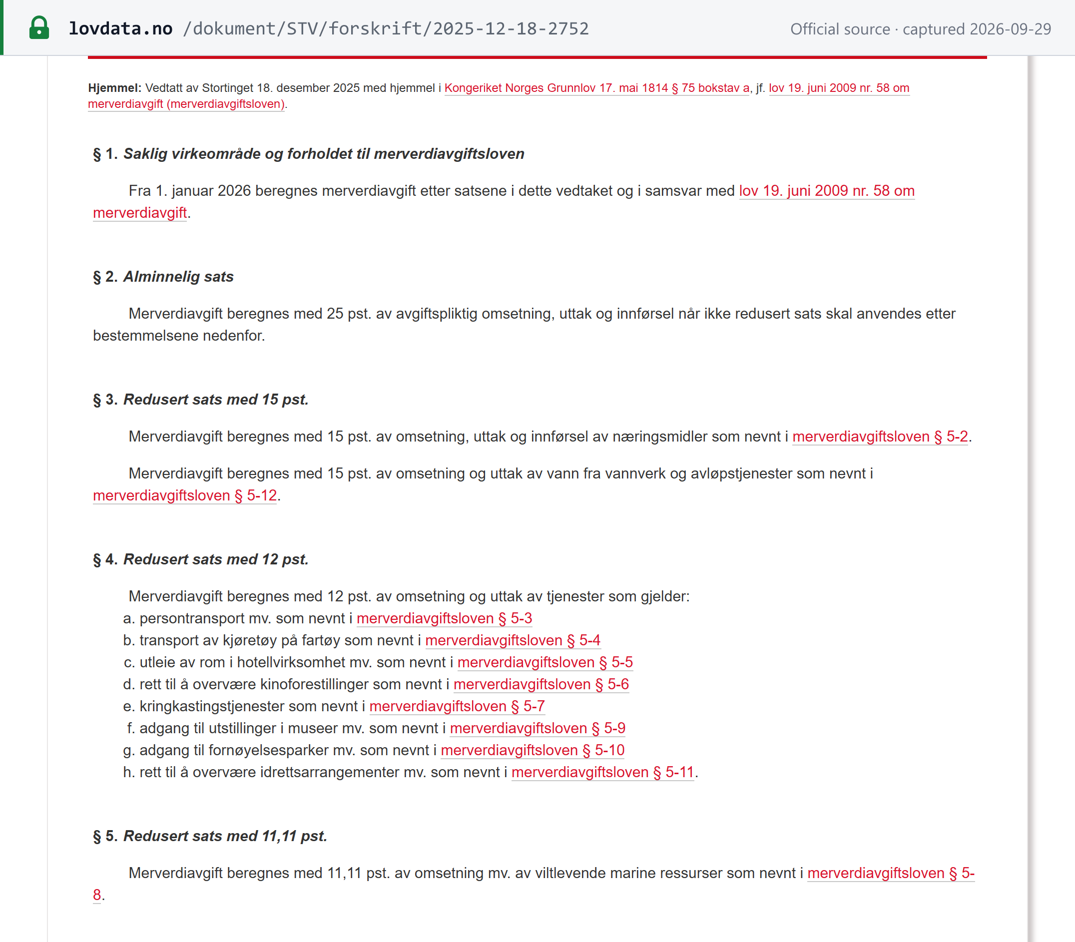 Source snapshot — Storting VAT resolution for 2026, sections 1–5: 25% general rate, 15% foodstuffs and water/wastewater, 12% passenger transport, accommodation and the other listed services, 11.11% wild marine resources