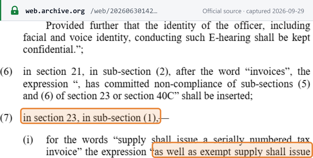 Source snapshot — Finance Act, 2026 s.4(7), Gazette of Pakistan p.537: "in section 23, in sub-section (1)", the words "supply shall issue a serially numbered tax invoice" replaced by an expression beginning "as well as exempt supply shall issue" (archived copy)