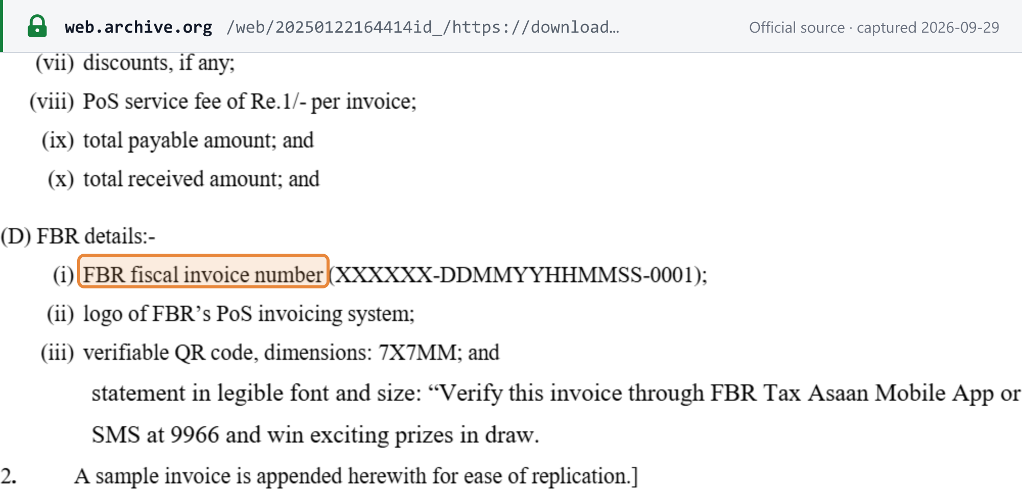 Source snapshot — Sales Tax Rules 2006, standardized POS invoice format: FBR fiscal invoice number, FBR POS logo, verifiable QR code 7x7 mm, and "A sample invoice is appended herewith for ease of replication" (archived copy)
