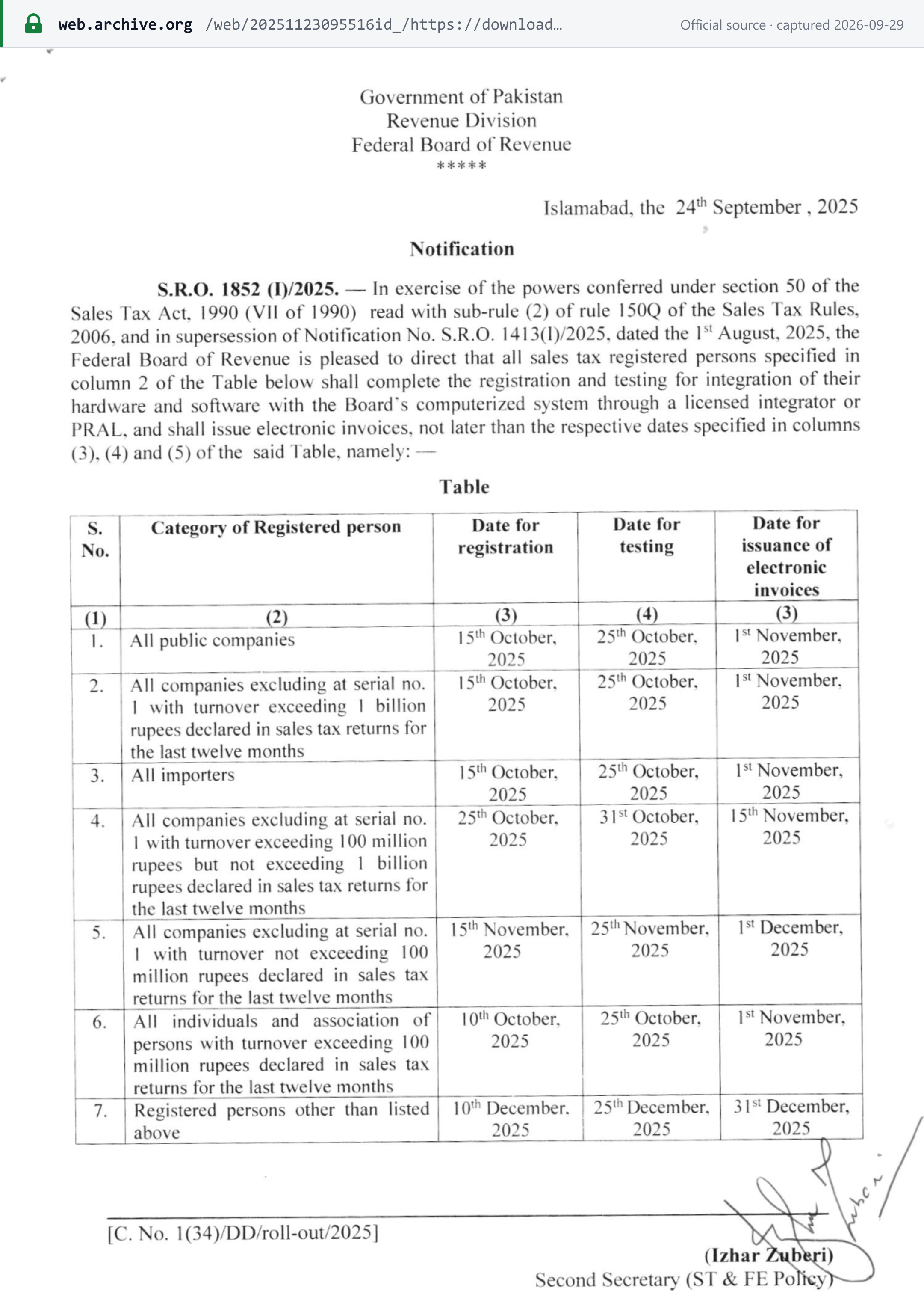 Source snapshot — S.R.O. 1852(I)/2025 of 24 September 2025: registration, testing and e-invoice issue dates for seven categories of registered persons, 1 November to 31 December 2025, superseding S.R.O. 1413(I)/2025 (archived copy)