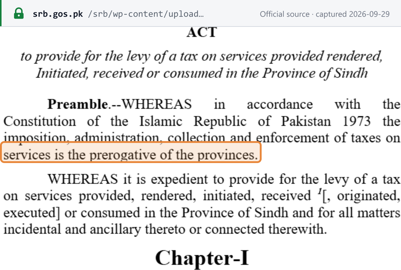 Source snapshot — Sindh Sales Tax on Services Act 2011, preamble: taxes on services are the prerogative of the provinces