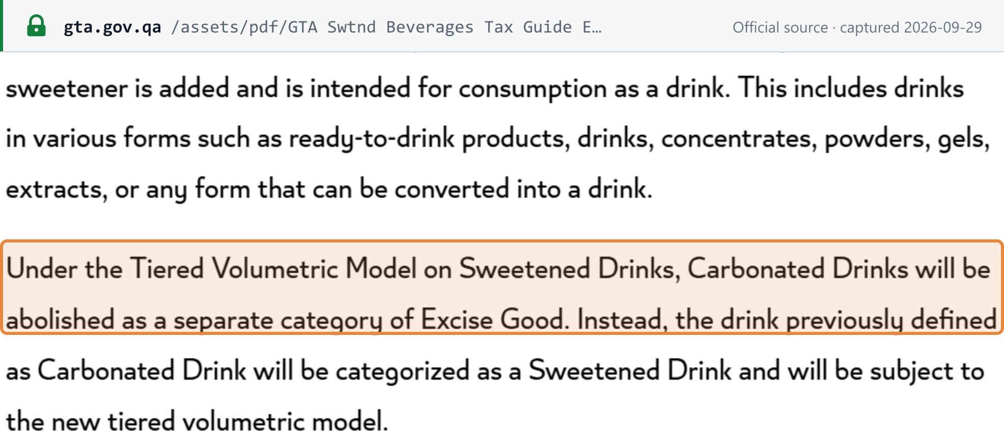 Source snapshot — GTA sweetened-drinks guide: Carbonated Drinks abolished as a separate excise category and taxed as Sweetened Drinks