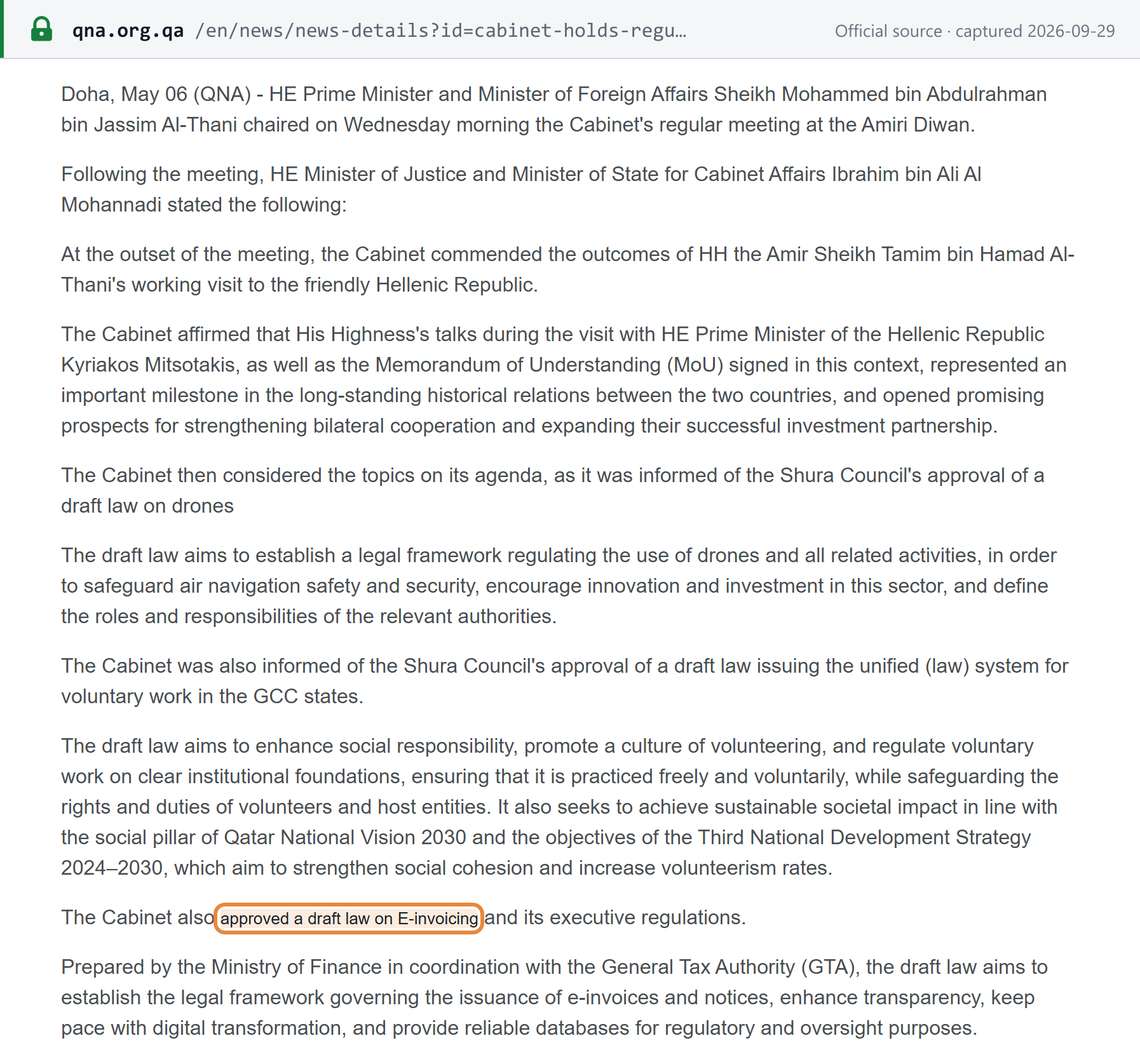 Source snapshot — Qatar News Agency, Doha, 6 May 2026: the Cabinet approved a draft law on e-invoicing and its executive regulations, prepared by the Ministry of Finance with the GTA
