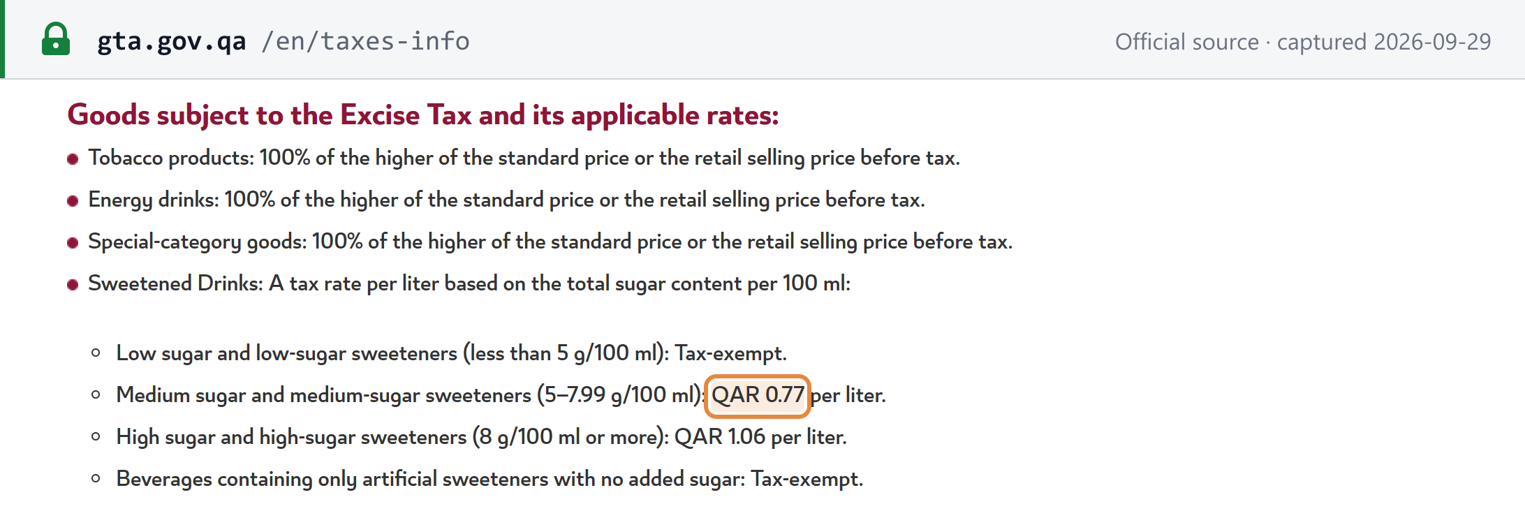 Source snapshot — GTA "Taxes in Qatar" page: excise at 100% on tobacco, energy drinks and special-category goods; sweetened drinks exempt, QAR 0.77 or QAR 1.06 per litre by sugar content
