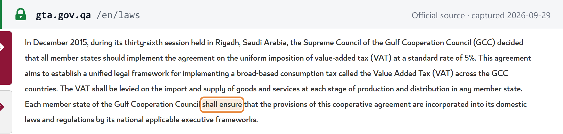 Source snapshot — GTA laws page: the GCC VAT Agreement is listed as a regional text that each member state "shall ensure" it incorporates into domestic law