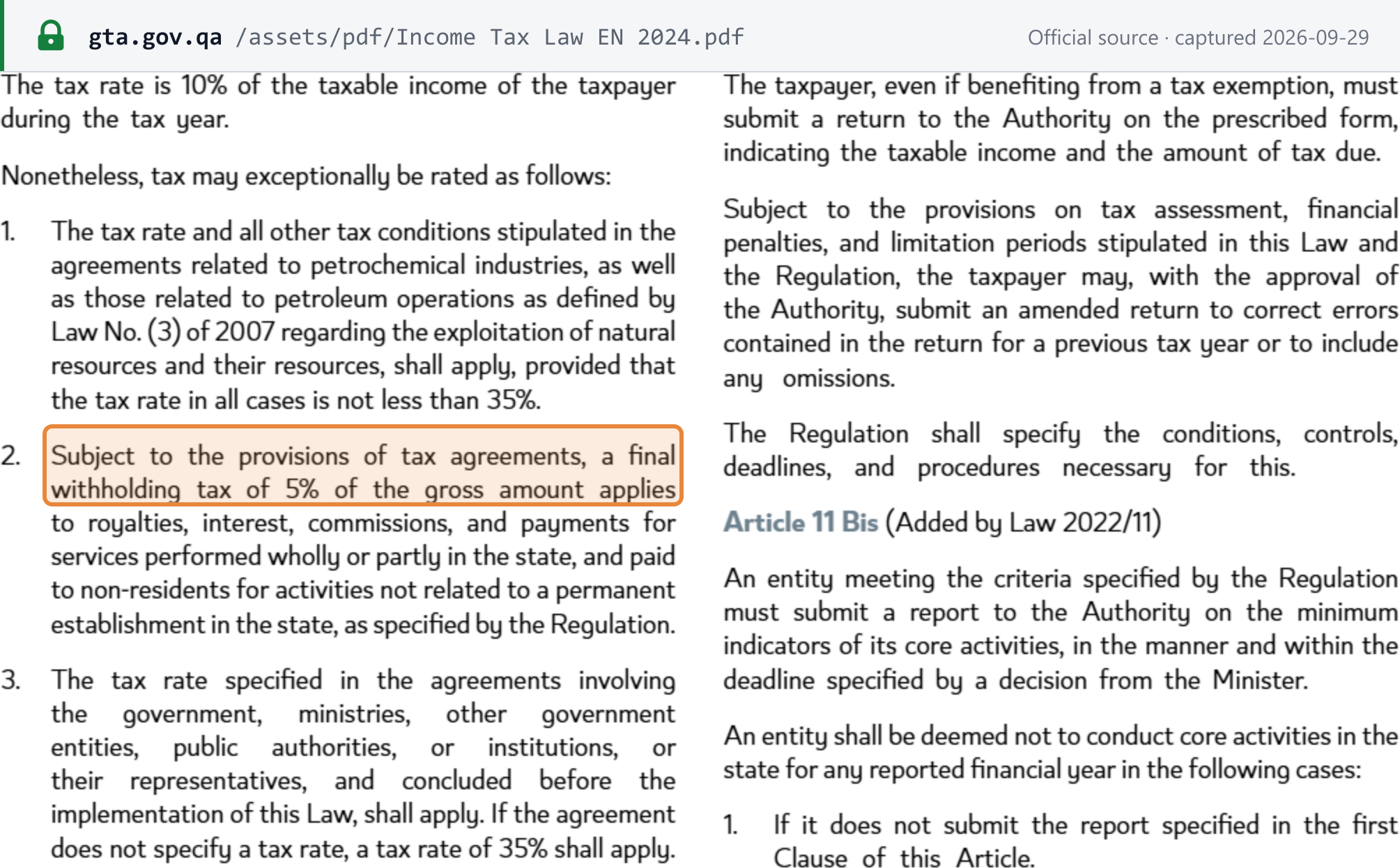 Source snapshot — Income Tax Law Art. 9(2): a final withholding tax of 5% of the gross amount on royalties, interest, commissions and services paid to non-residents