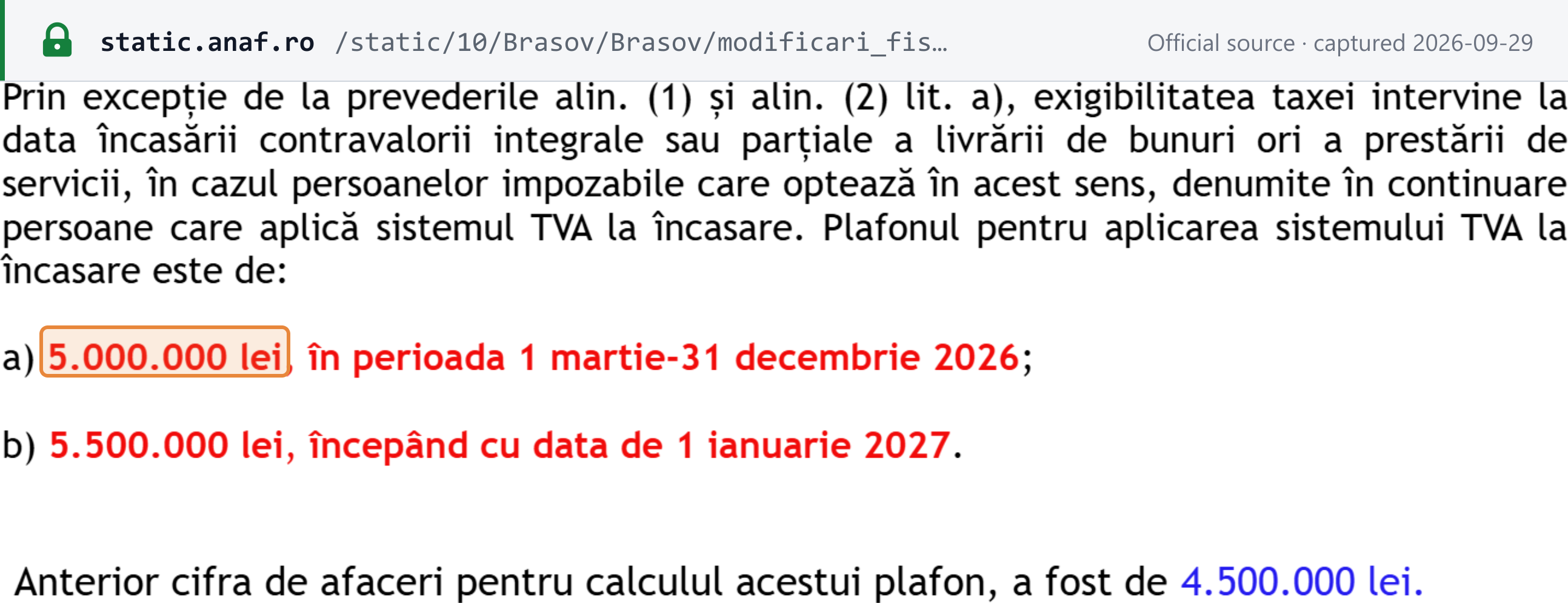 Source snapshot — ANAF synthesis of 2026 fiscal changes: the cash-accounting ceiling is RON 5,000,000 from 1 March to 31 December 2026 and RON 5,500,000 from 1 January 2027; previously RON 4,500,000