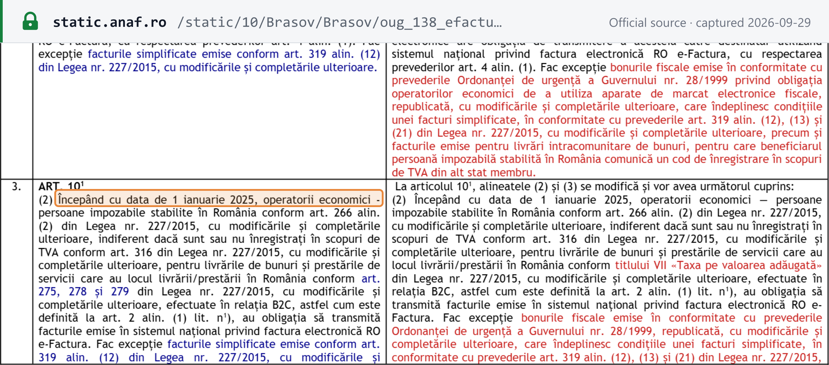 Source snapshot — ANAF before/after table for OUG 138/2024: from 1 January 2025, Romanian-established economic operators must transmit their B2C invoices to RO e-Factura, except fiscal receipts that meet simplified-invoice conditions