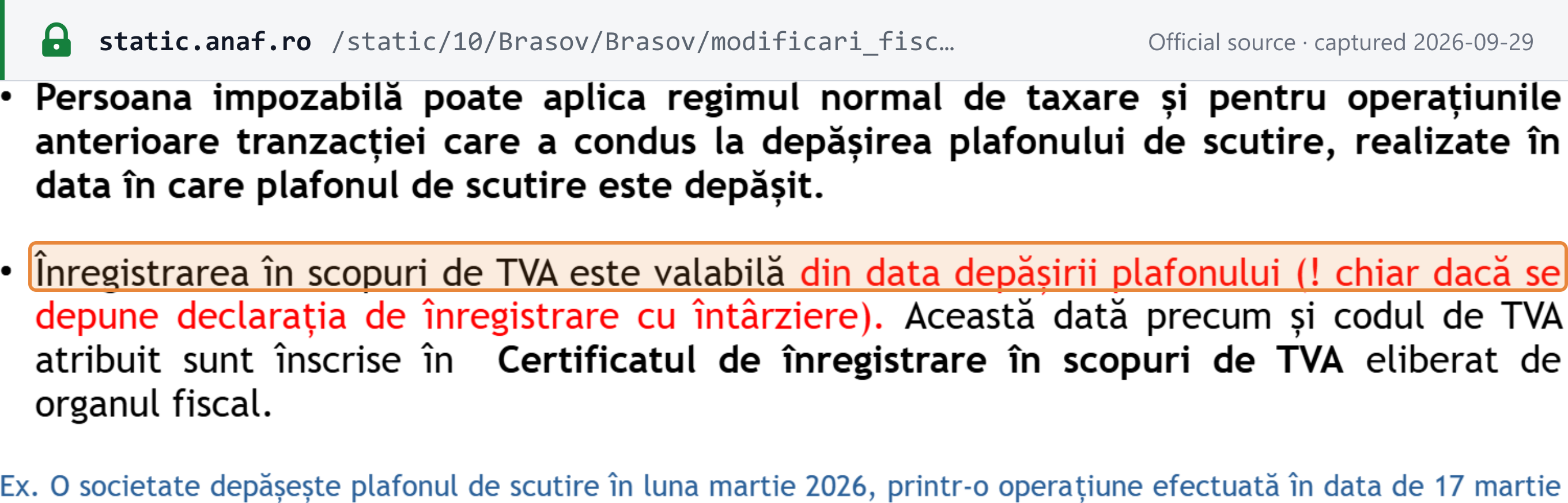 Source snapshot — ANAF synthesis of 2026 fiscal changes: VAT registration is valid from the date the ceiling is exceeded, even if the registration declaration is filed late