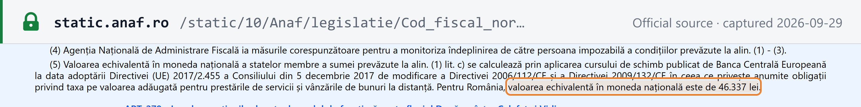 Source snapshot — Fiscal Code art. 278^1(5): for Romania the national-currency equivalent of the EUR 10,000 EU threshold is RON 46,337