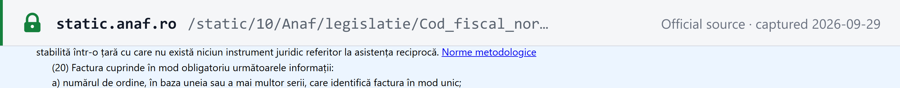 Source snapshot — Fiscal Code art. 319(20): the invoice must contain the listed information, starting with a sequential number in one or more series that identifies the invoice uniquely