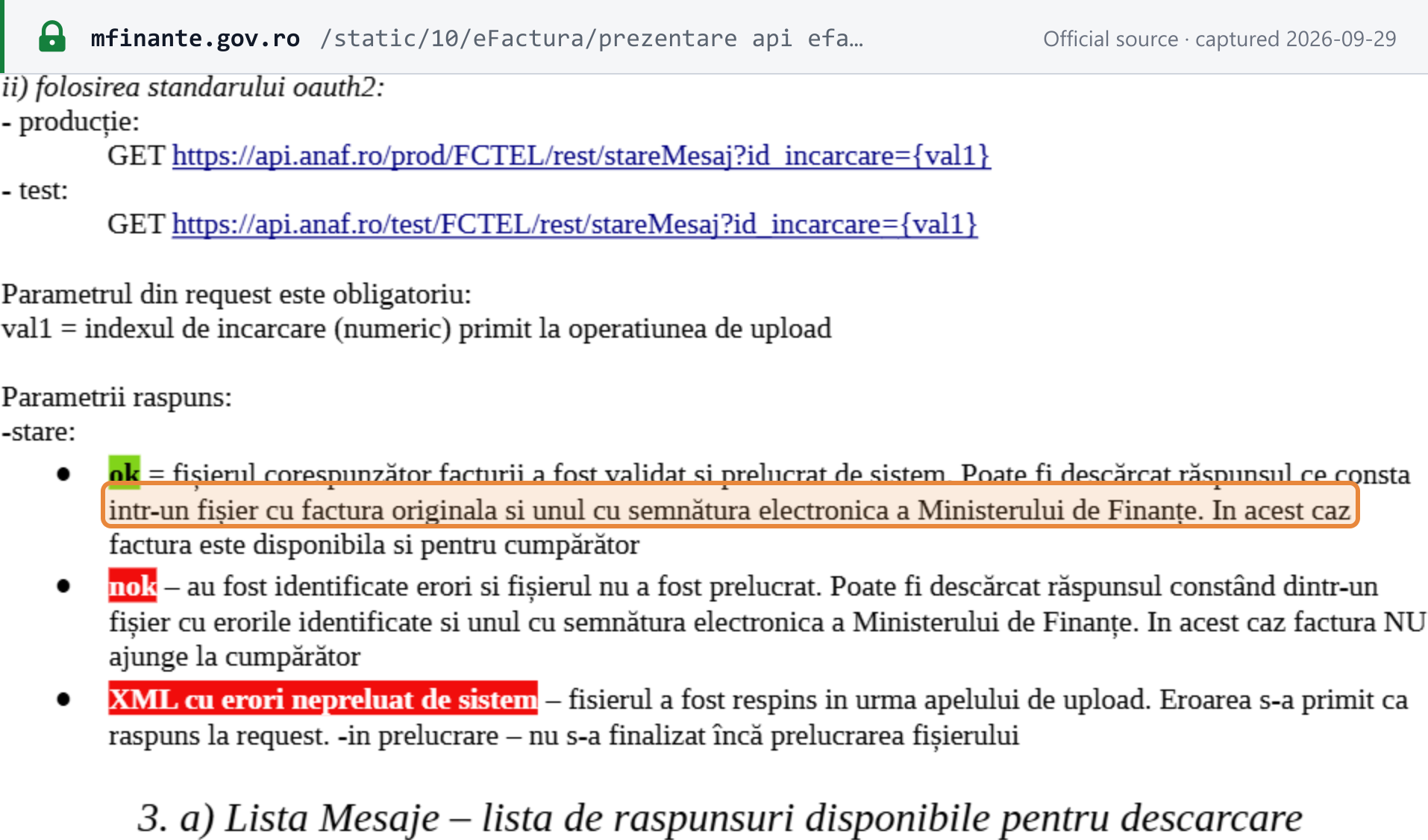 Source snapshot — Ministry of Finance web-service presentation: status ok means the invoice was validated and processed, and the response holds the original invoice and a file with the Ministry of Finance electronic signature, the invoice then being available to the buyer; status nok means the invoice does not reach the buyer