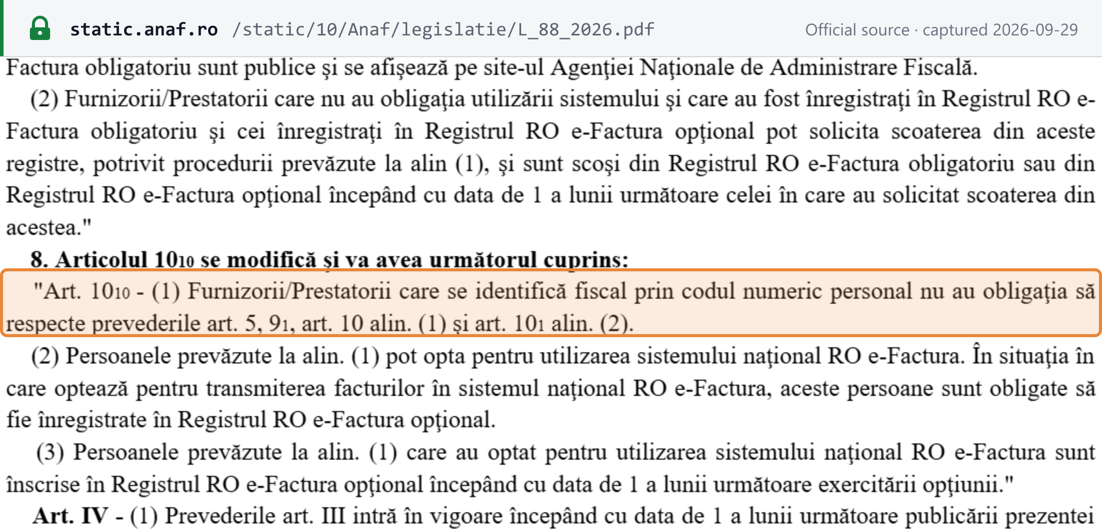 Source snapshot — Law 88/2026, art. 10^10 as amended: suppliers identified by their personal numeric code are not obliged to comply with art. 5, 9^1, 10(1) and 10^1(2) of OUG 120/2021, and may opt to use RO e-Factura through the optional register